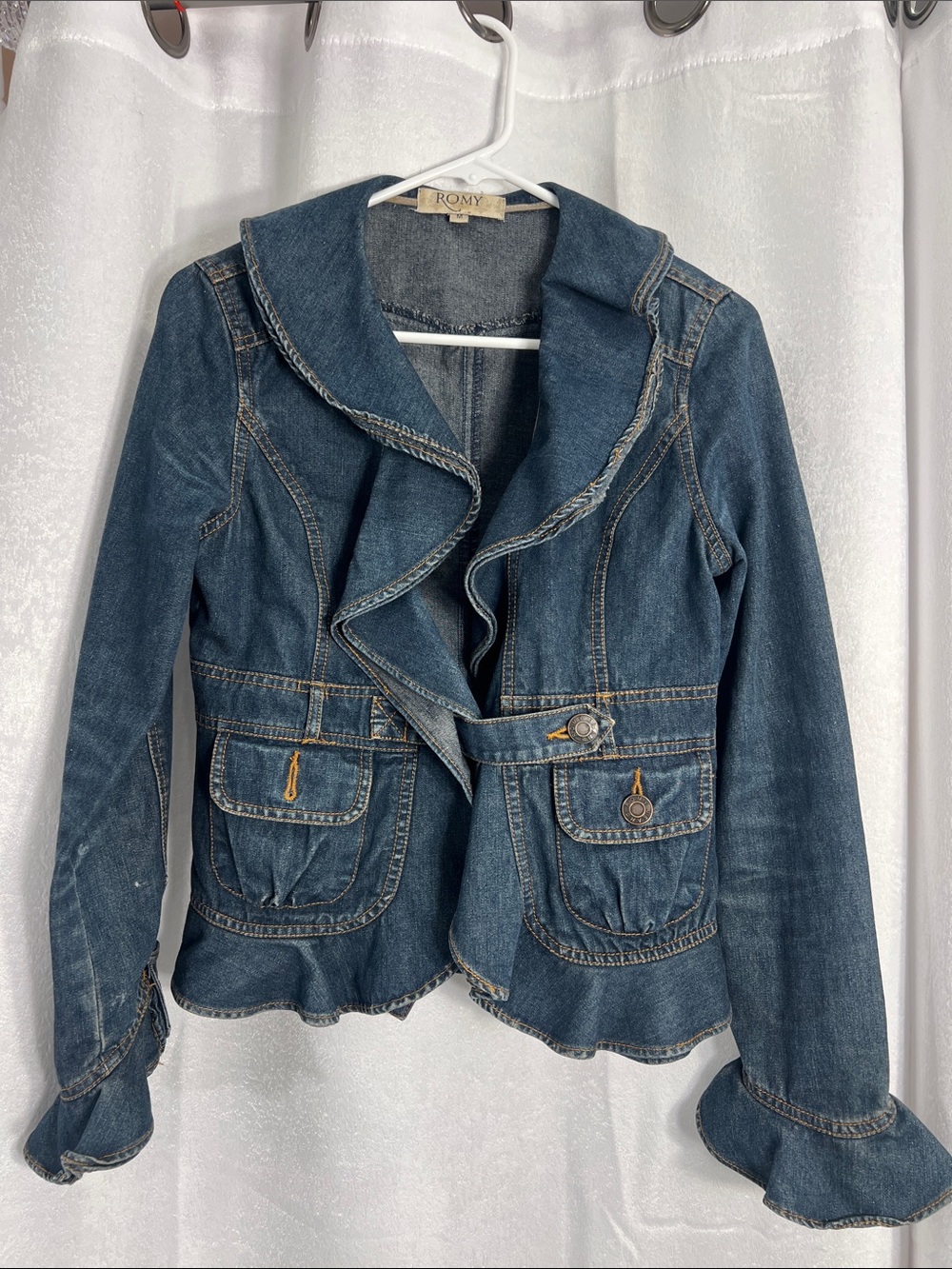 Romy vintage Dark Blue Denim Ruffle-Trim Y2K flare Jacket